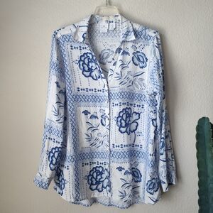 H Halston  Linen Blue and White Linen Top